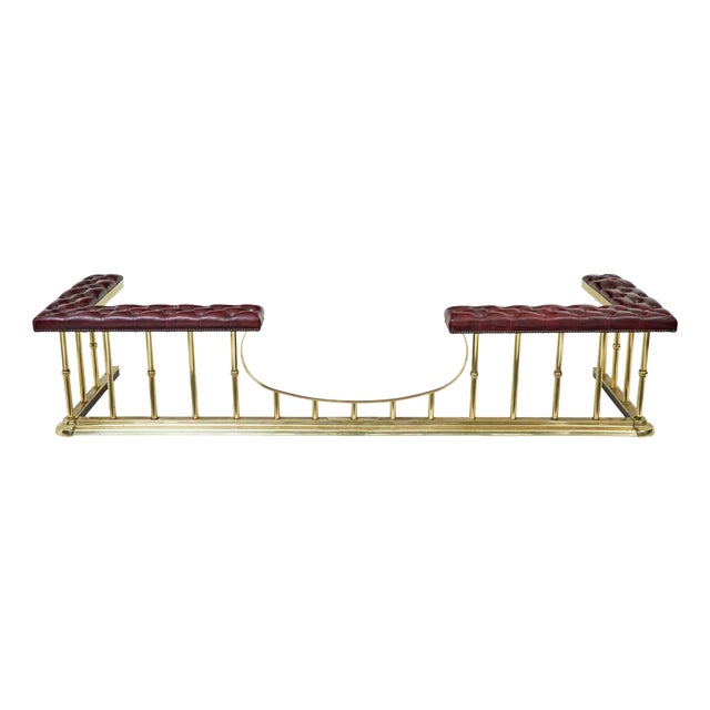 Large Brass and Leather Fireplace Club Fender, 2000 For Sale