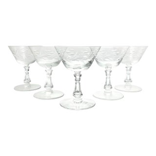 1950s Fostoria “Bridal Wreath” Set of 5 Coupe Champagne Glasses For Sale