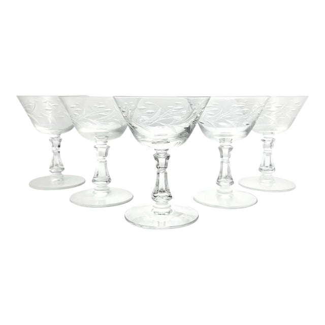 1950s Fostoria “Bridal Wreath” Set of 5 Coupe Champagne Glasses For Sale