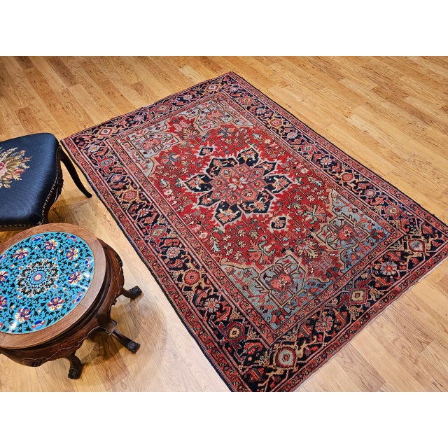 Textile Antique Heriz Serapi Rug, Hand-Knotted Wool, Geometric Pattern, Brick-Red & Blue, 5x7 For Sale - Image 7 of 18