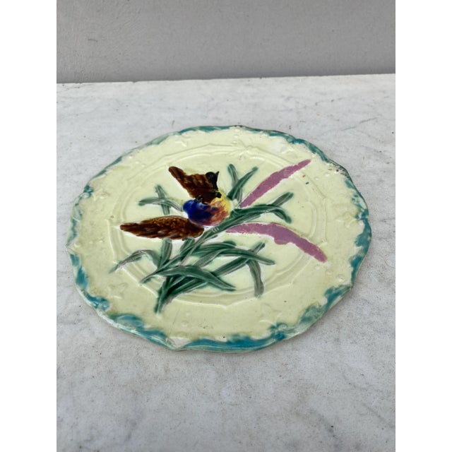 Lovely Majolica plate with bird and insect, leaves signed Saint Amand, circa 1890.