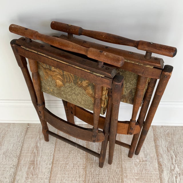 Copper Antique Tapestry Folding Campaign Chairs - a Pair For Sale - Image 8 of 12