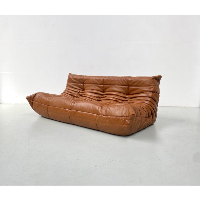 Mid-Century Modern French Togo T3-Seater Sofa in Cognac Leather by Michel Ducaroy for Ligne Roset For Sale - Image 3 of 14