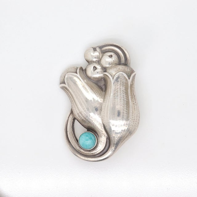 Art Deco Vintage Georg Jensen Sterling Silver Tulip Brooch No.100b With Amazonite Cabochon For Sale - Image 3 of 12