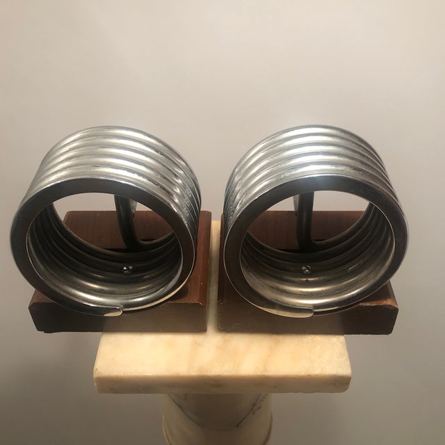 Midcentury Modern Chrome Coil Spring Bookends on a Walnut Base. | Chairish