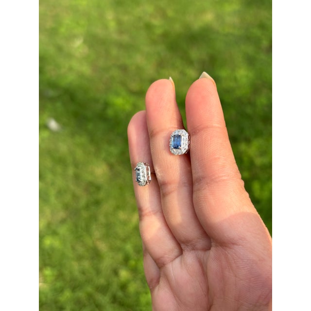 Timeless Emerald-Cut Blue Sapphire & Diamond Halo Stud Earrings 14k White Gold For Sale - Image 11 of 16