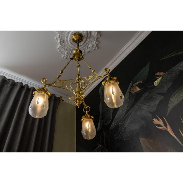 Metal French Art Nouveau Brass and Frosted Glass Three-Light Chandelier, circa 1920 For Sale - Image 7 of 18