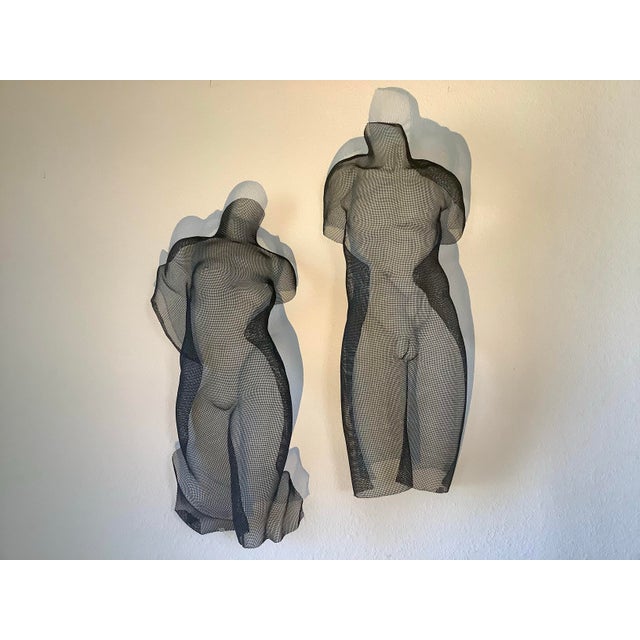 Postmodern 1990s Monumental Pair Eric Boyer Wire Mesh Nude Sculptures, Signed & Dated 1993/1999 – Male & Female Wall Forms For Sale - Image 3 of 11