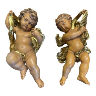 Matching Pair Vintage Osvaldo Moroder Val Gardena Wood Carved Cherubs Angels Putti 11" For Sale