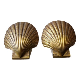 Vintage Pair of Heavy Brass Clam Sea Shell Bookends For Sale