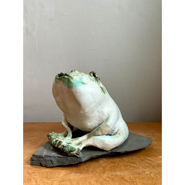 Contemporary Vintage Ceramic Frog Sculpture on Stone Base For Sale - Image 3 of 14