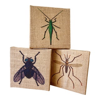 Set of Three Burlap Insect Bug Wall Decor For Sale