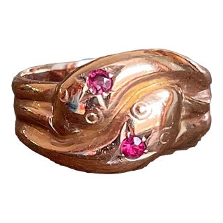 Dated 1918 Edwardian Double Snake Ruby Heads 9k Gold Ring Size 9 For Sale