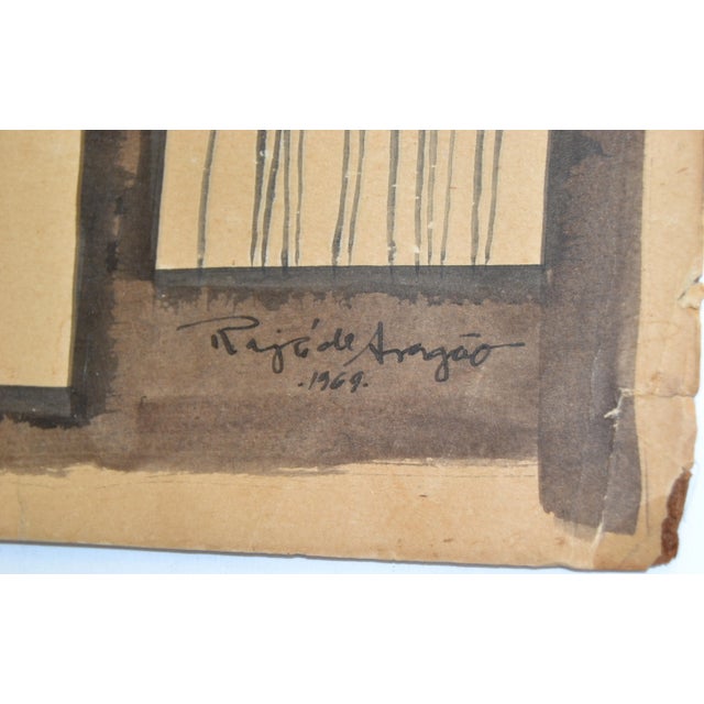 1969 Aragão Abstract Black & White Watercolor on Board Gilt Frame Stick Figures For Sale In Miami - Image 6 of 13