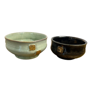 Gary Eagan Spring Street Pottery Complementary Bowl Pair — Celadon & Tenmoku With Applied Gold Seals