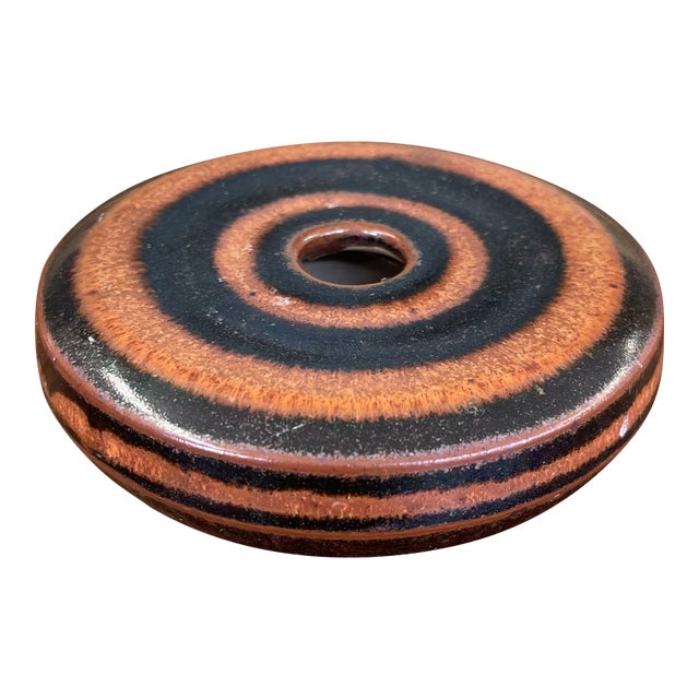 Signed Hank Greer Studio Pottery Donut Vase With Brown and Black Oxide Rings. For Sale