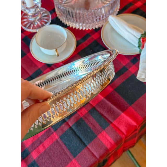 Metal Large Vintage Etched Silver Plate Pierced Gallery Serving Tray, 15" Dia For Sale - Image 7 of 8