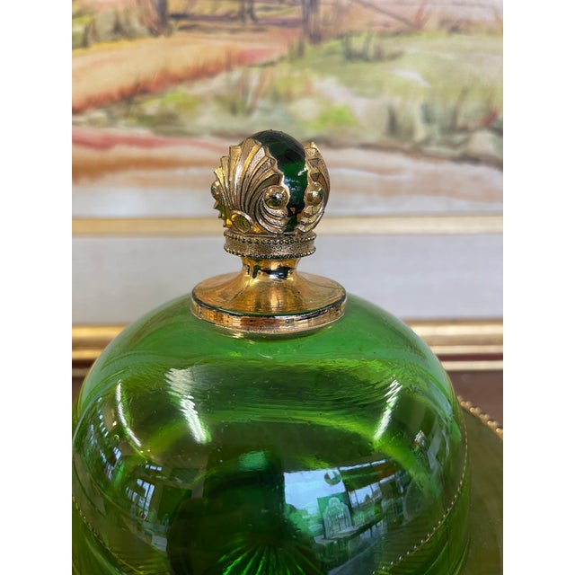 Mid-Century Modern Vintage Green Glass Covered Candy Dish With Pedestal Base and Brass-Toned Mount For Sale - Image 3 of 11