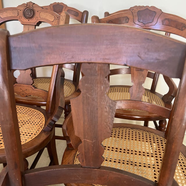 Late 19th Century Walnut Cane Bottom Chairs With Burl Inlay Set of 6