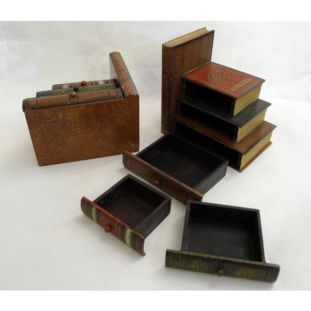Wood Wood Bookends with Secret Boxes in Trompe L'Oeil of Stacked Books, 1980s, Set of 2 For Sale - Image 7 of 12