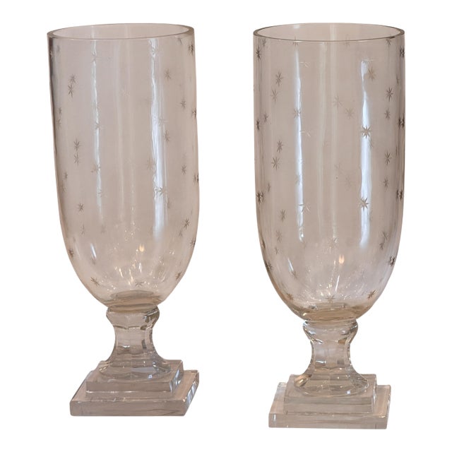 Pair of Etched Glass Vases With Star Motif For Sale