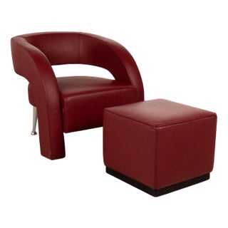 Set of Formenti Wave Leather Armchairs in Red with Stool For Sale