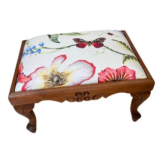 1930s Vintage French Upholstered Maple Wood Footstool For Sale