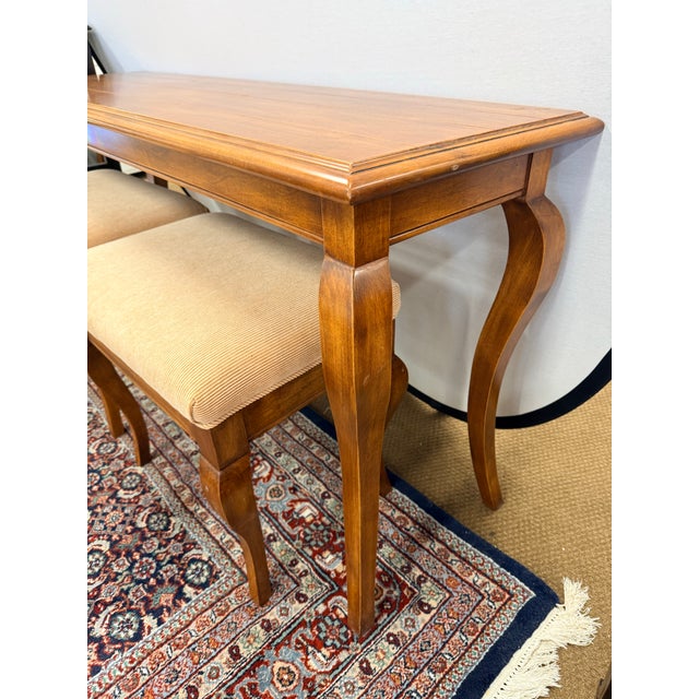 Traditional Cabriole Leg Wood Console Table With Pair of Upholstered Benches 3 Pc. For Sale - Image 3 of 6