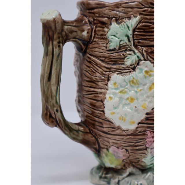 Antique English Majolica Rustic Floral Tree Bark Pitcher, Attributed to Shorter & Boulton For Sale - Image 9 of 18