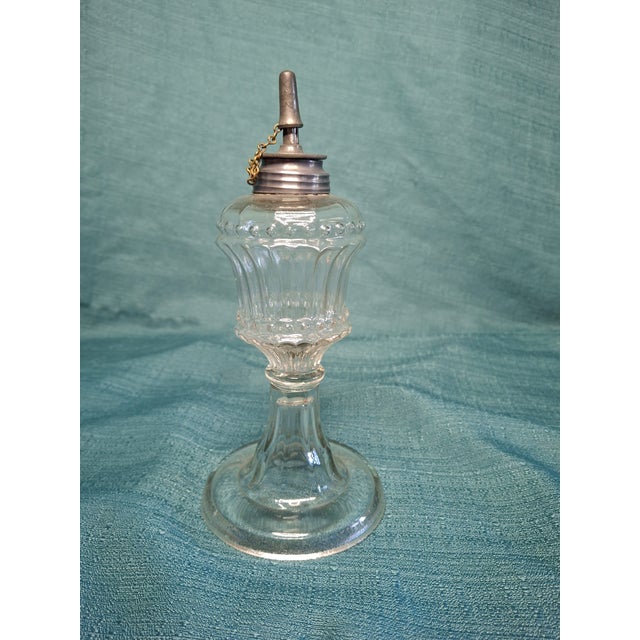 Transparent Matched Pair Antique 1830s-1850s Flint Glass Whale Oil Lamps Pewter Burner For Sale - Image 8 of 14