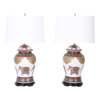 Pair of British Colonial Style Table Lamps With Elephants For Sale