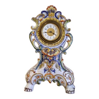 Early 20th Century French Louis XV Hand Painted Rouen Faience Mantel Clock For Sale