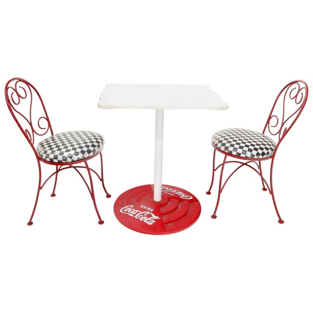 Two Chairs Cast Iron Marble-Top Table Coca-Cola Dinette Ice Cream Set Cafe Table - 3 Pieces For Sale - Image 13 of 13