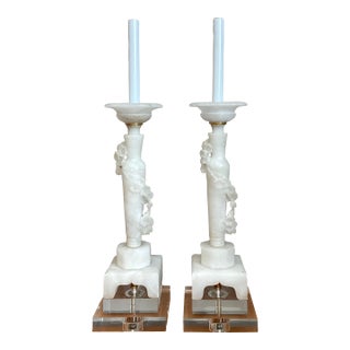 Vintage Carved Alabaster Floral Ring Candlestick Lamps - A Pair For Sale