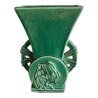 Vintage McCoy 1951 Green Vase Double Handle Art Deco Design For Sale