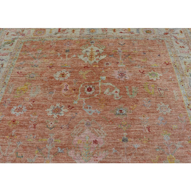 Vibrant Floral Medley on Salmon Pink Hand-Knotted Rug by Keivan Woven Arts For Sale In Atlanta - Image 6 of 12