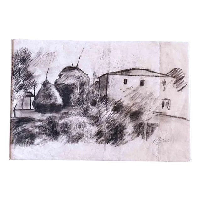 The Village, Original Drawing in Charcoal, Mid-20th Century For Sale