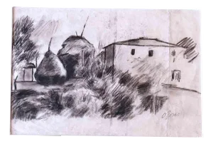 The Village, Original Drawing in Charcoal, Mid-20th Century
