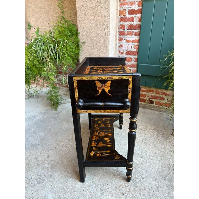 Antique English Sofa Side Table Decoupage Botanical Floral Black Gold C1890 For Sale In Dallas - Image 6 of 18