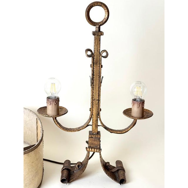 Large Florentine Gilt Iron Two-Light Table Lamp with Leather and Tapestry Shade, 1950s For Sale - Image 14 of 18