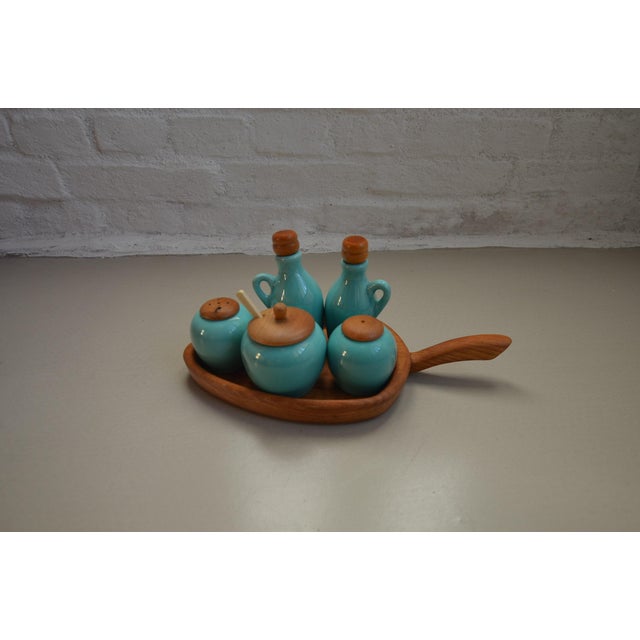 Mid-Century Modern Vintage Cruet Set in Wood and Ceramic, 1960s, Set of 7 For Sale - Image 3 of 13