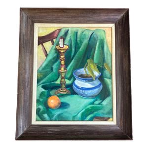 1950’s Original Modernist Still Life Painting Orange & Potted Plant Period Wide Wood Frame