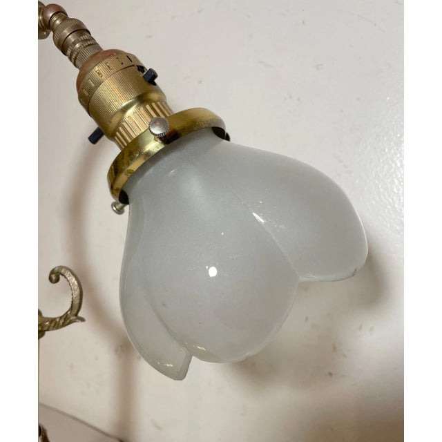 Antique Ornate Polished Brass Adjustable Electric Glass Desk Piano Table Lamp For Sale - Image 10 of 14