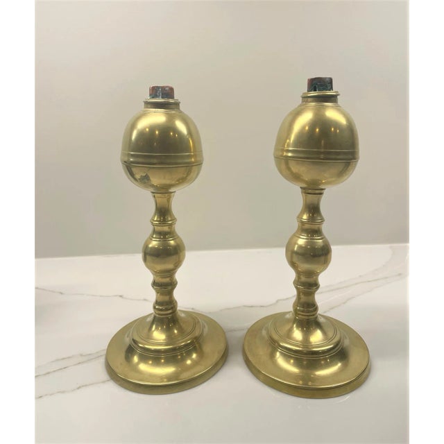 Pair of 19th Century Brass Whale Oil Lamps, Double Tube Burner For Sale In New York - Image 6 of 6