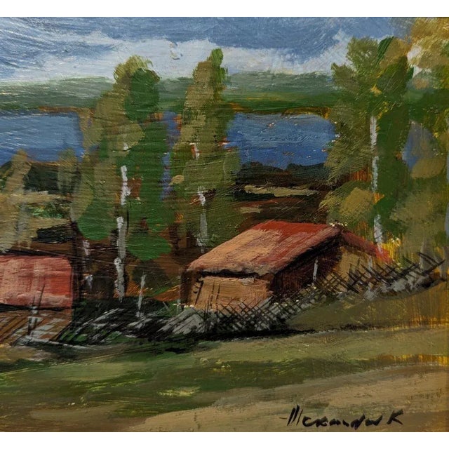 Mid-Century Modern Swedish "Red Houses in Nature" Vintage Expressive Landscape Oil Painting, Framed For Sale - Image 11 of 12