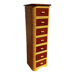 1930s Restored Paul Frankl Style Stacked Rattan & Mahogany Petite Chest of 7 Drawers For Sale