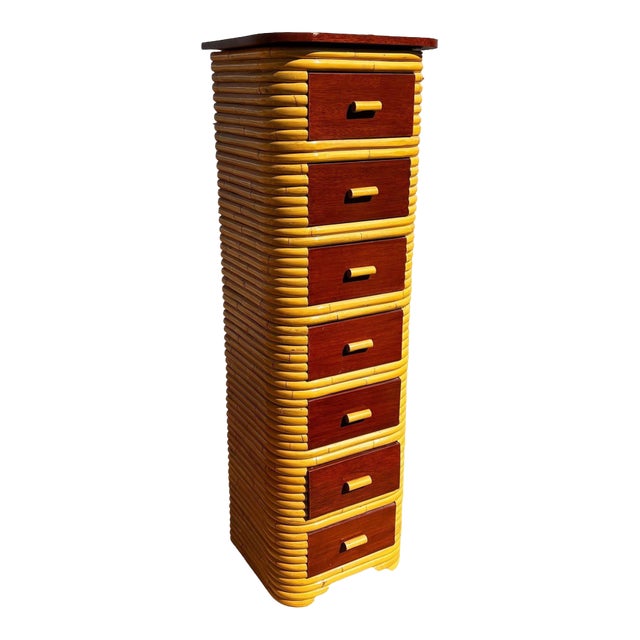 1930s Restored Paul Frankl Style Stacked Rattan & Mahogany Petite Chest of 7 Drawers For Sale