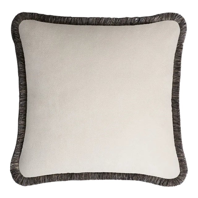 HAPPY PILLOW EDITION Velvet Cushion with Multicoloured Grey Fringes by Lorenza Briola for LO Decor For Sale