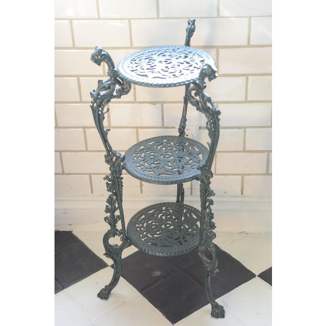 Verdigris 3-Tier Wrought Iron Claw Footed Plant or Pot Stand For Sale - Image 4 of 11