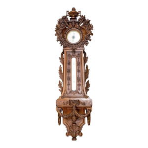 Monumental European Carved Wood Barometer and Thermometer